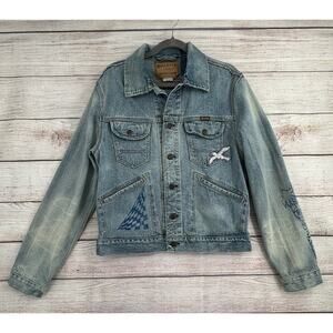 Hollister Sanforized Embroidered Graphic Print Denim Jacket Womens Large Blue